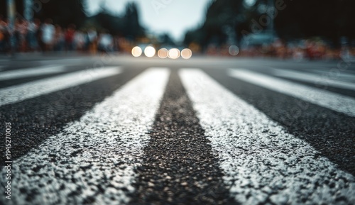 Close-up on a textured asphalt road with white crosswalk stripes, urban