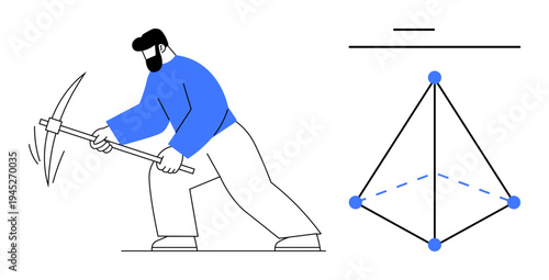 Digital design, geometric patterns, mining concepts, engineering, data extraction, scientific visualization. Man wielding pickaxe with surroundings of technical diagram. Mining concepts and geometric