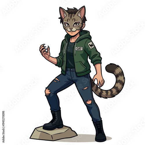 Cat Therian boy character in urban green hoodie