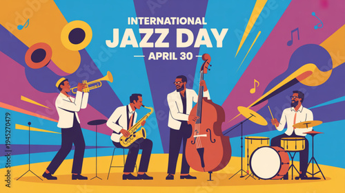 Jazz musicians performing on stage with colorful background for international jazz day on april 30
