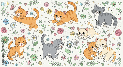 Cute cartoon cats playing and cuddling among colorful flowers and butterflies, in a whimsical doodle style.