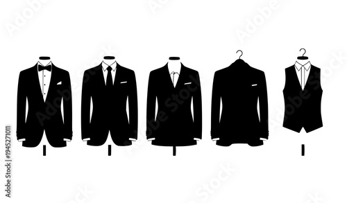 Business formal wear suits and tuxedo outfits on hangers vector illustration collection isolated on white background
