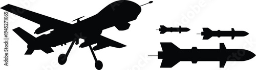 Military drone UAV and missile silhouette set, unmanned aerial vehicle with rockets and weapons in defense aviation vector illustration isolated collection.