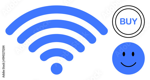 wireless connectivity. Blue wireless symbol with happy face and buy icon highlighting e-commerce and network interaction. wireless powering online communication and retail experiences. For apps