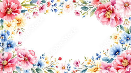 Romantic garden blossoms forming a soft border around a bright open canvas