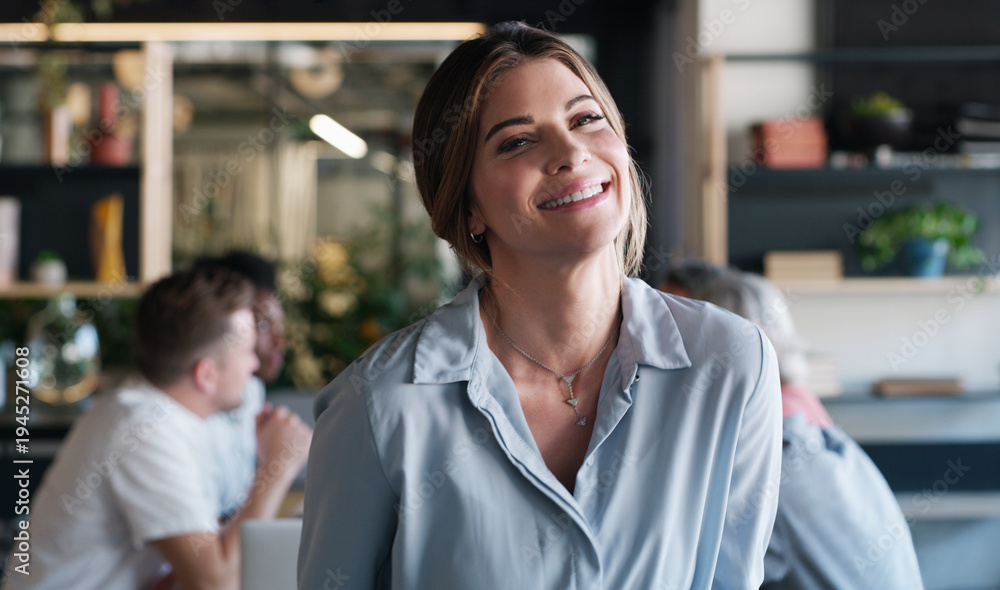 Fototapeta premium Smile, portrait and meeting with business woman in office for about us, magazine publisher and professional. Pride, newsroom reporter and coworking startup with person in agency for confidence