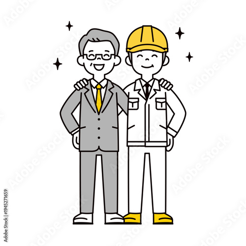 2人で肩を組む、中高年のビジネスマンとヘルメットをかぶった作業員の全身ベクターイラスト素材