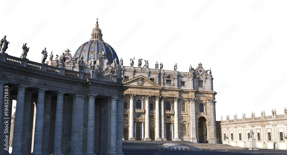 Fototapeta premium 3D rendering of St. Peter's Basilica from St. Peter's Square, with detailed architectural view and transparent background. Ideal for editorial, cultural, and design projects.