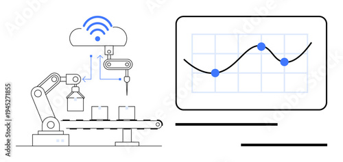 Smart manufacturing, automation, IoT, robotics, technology, data analysis. Robotic arm transferring items to a conveyor belt, with a cloud storage and data graph. Automation and IoT concept