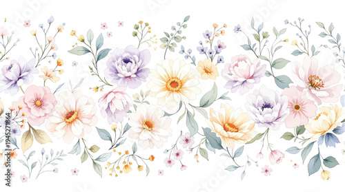 Dreamlike watercolor meadow blossoms encircling a peaceful center for creative writing