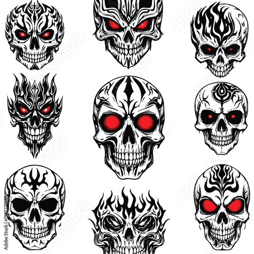 Stylized skull illustration set with glowing red eyes, tribal patterns, flames, and bold black linework for tattoo or graphic art