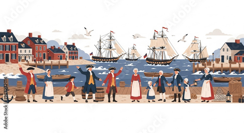 Colonial Harbor Evacuation Celebration With Tall Sailing Ships Historical Vector Illustration