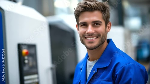 Faceless smiling factory worker in blue uniform beside CNC machine, portrait of young industrial engineer in modern manufacturing plant, with copy space