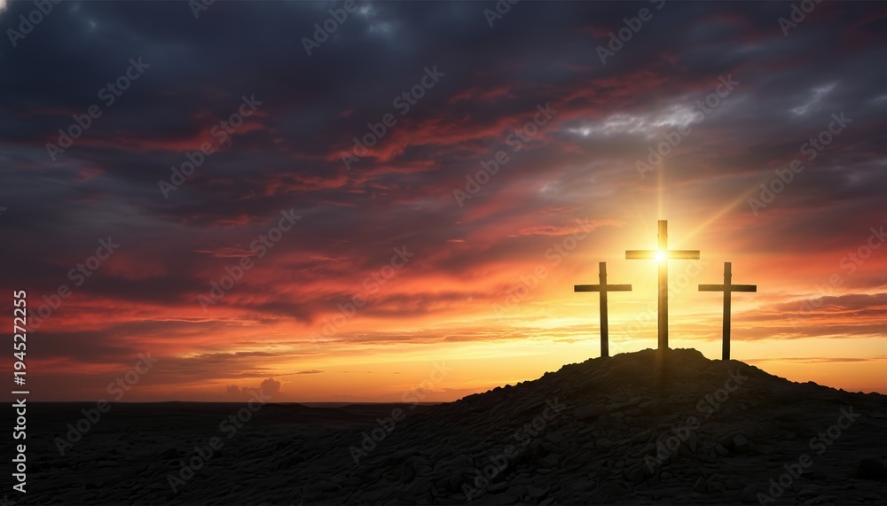 Obraz premium Cross Christianity Sunset Easter Resurrection Jesus Faith. Three wooden crosses silhouette on a rocky hill under a dramatic glowing sky for Good Friday and worship concepts.