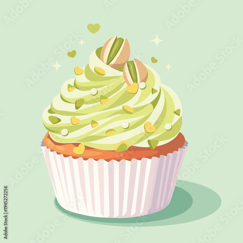 Pistachio Cupcake. Vector illustration of a pistachio cupcake with creamy icing, sprinkled with pistachio shavings. Suitable for dessert menus, bakeries, holidays, culinary blogs, dessert collections