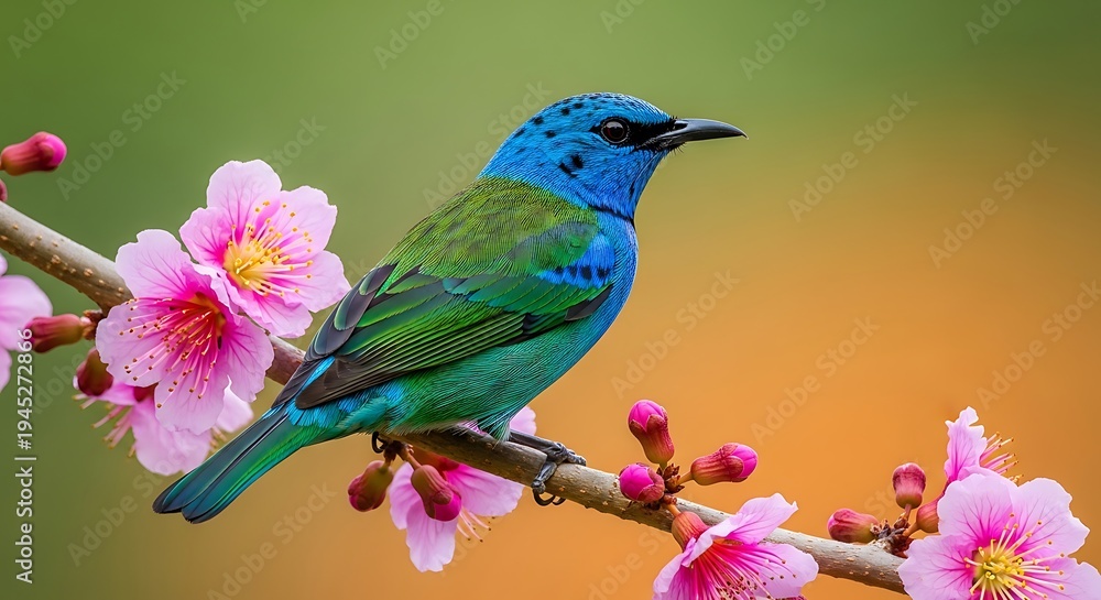 Fototapeta premium Vibrant blue bird perched on blooming cherry blossom branch in springtime