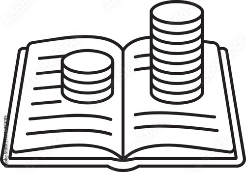 Open book with stacks of coins representing business accountant and financial management concept outline vector illustration