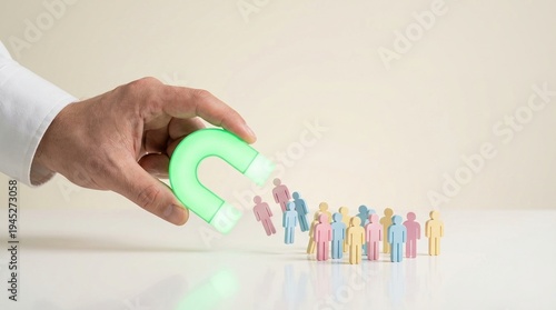 magnet, customer acquisition, lead generation, recruitment, human resources, marketing, attraction strategy concept with glowing green tool pulling colorful people icons together.