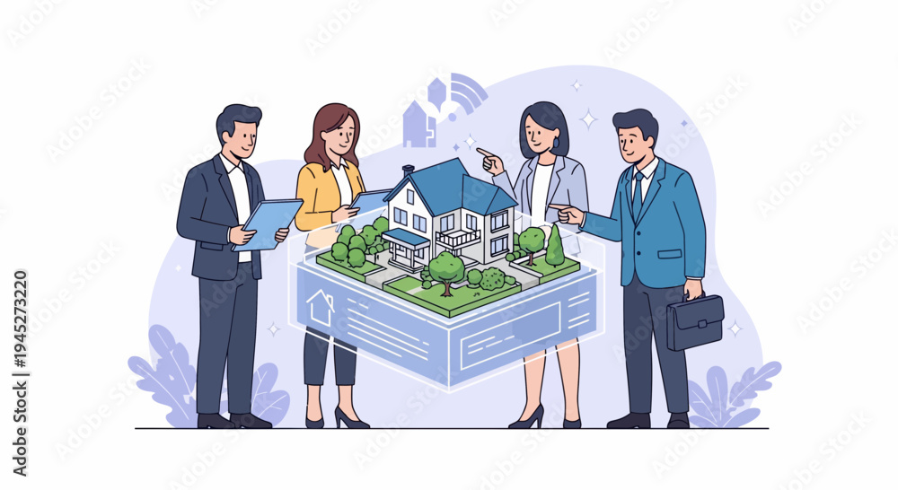 Naklejka premium Business professionals engaged in data analysis during a meeting around a large model of a building with greenery