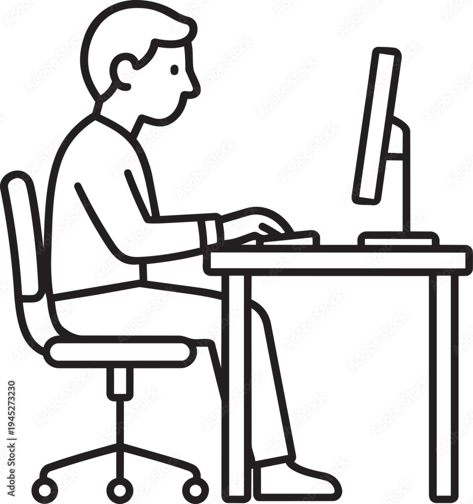 Fototapeta premium Man working at fixed workplace desk with computer monitor representing office employee outline vector illustration design