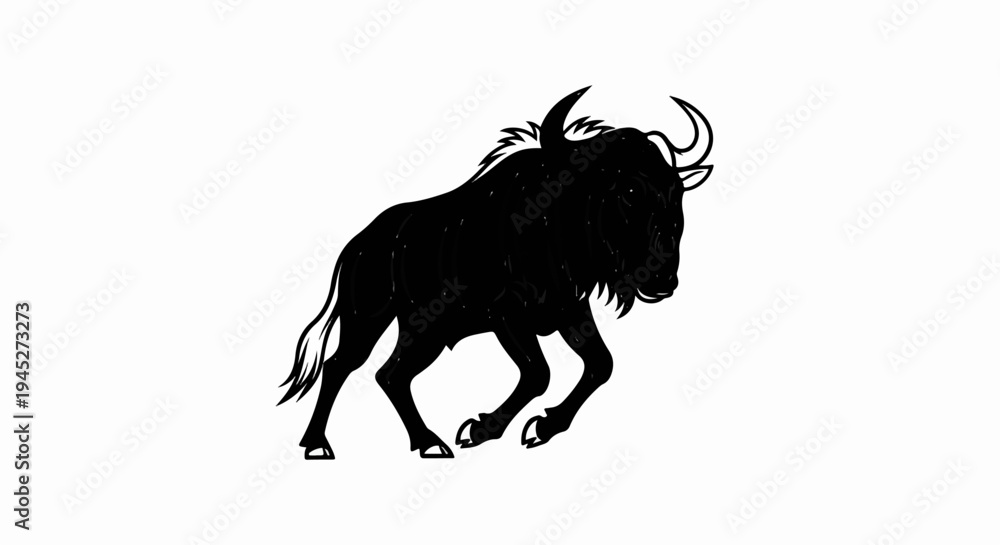 Fototapeta premium Silhouette of a powerful wildebeest in motion against a white background