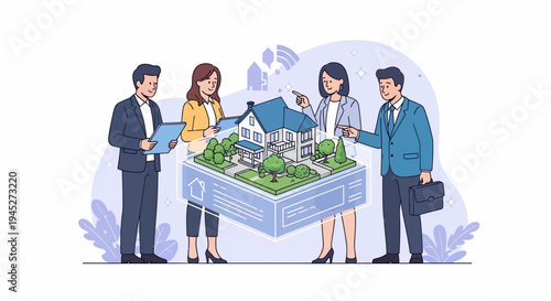 Business professionals engaged in data analysis during a meeting around a large model of a building with greenery