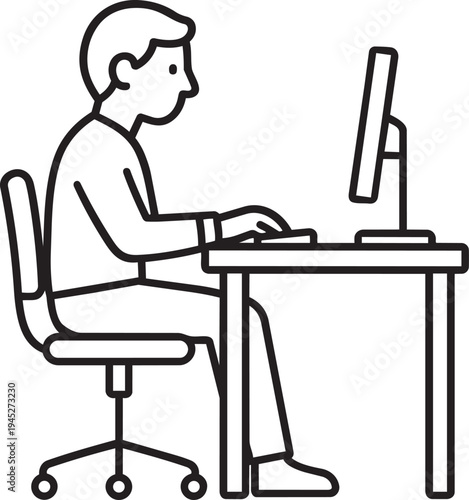 Man working at fixed workplace desk with computer monitor representing office employee outline vector illustration design