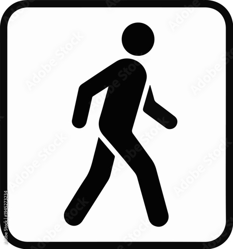 Silhouette of a person walking forward within a rounded square border