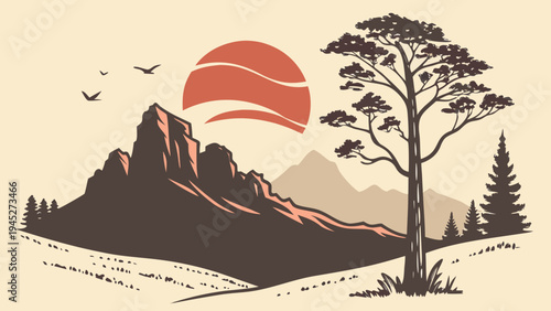 Feminine Sedona Sunset Mountain Badge with Juniper Tree Outline Vector