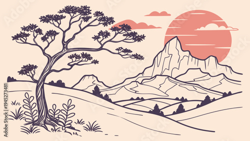 Feminine Sedona Sunset Mountain Badge with Juniper Tree Outline Vector