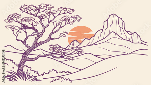 Feminine Sedona Sunset Mountain Badge with Juniper Tree Outline Vector