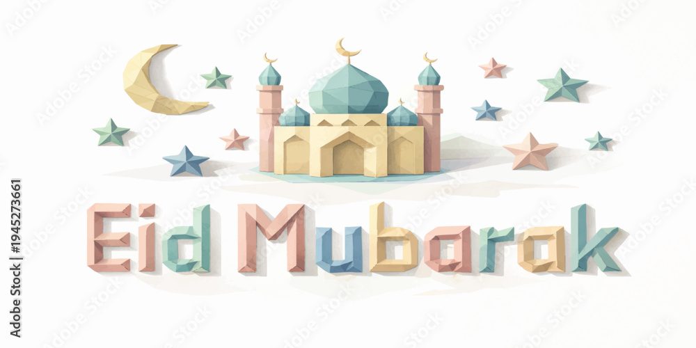 Fototapeta premium Minimal Eid Mubarak Paper Craft Mosque on White Background
