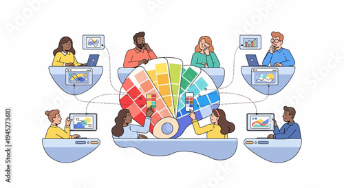 Business professionals engage in data analysis meeting with colorful charts and graphs on laptops
