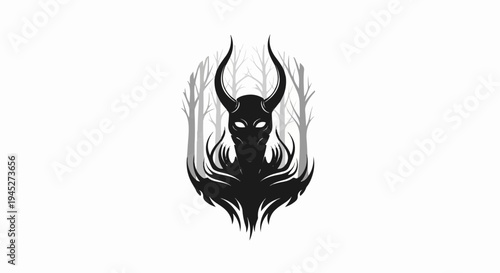 Silhouette creature with horns in a grey forest setting