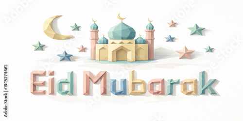 Minimal Eid Mubarak Paper Craft Mosque on White Background