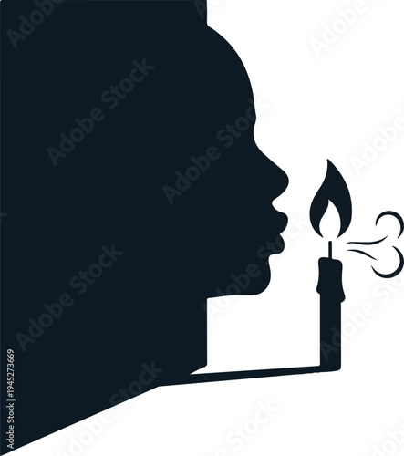Silhouette profile blowing out a candle with wisps of air