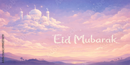 Dreamy Pastel Eid Mubarak Sky with Mosque and Soft Clouds