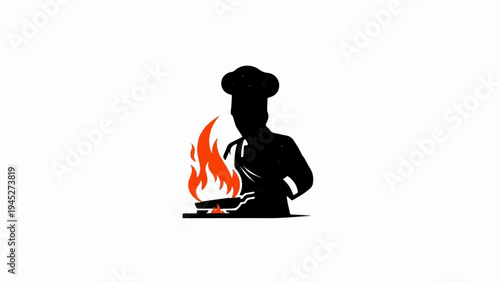 Silhouette of a chef in a tall hat cooking over an open flame