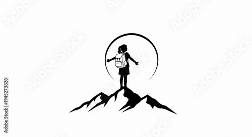 Silhouette of a child with a backpack on a mountain peak under a circle