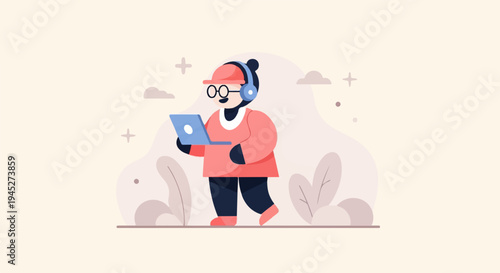 Stylized character with headphones and laptop against a soft background