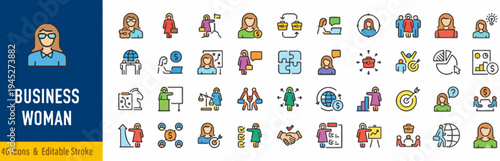 Collection of Business Woman Icons in a Modern, Flat Design with Editable Stroke