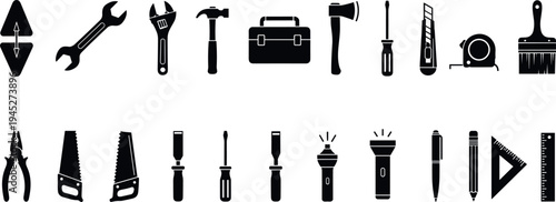 Hand tools and construction equipment silhouette icons set including wrench hammer screwdriver pliers and measuring tools