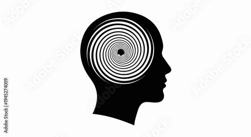Silhouette of a head with a black and white hypnotic spiral inside