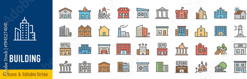 Collection of Colorful Building Icons with a Modern and Clean Design for Various Projects