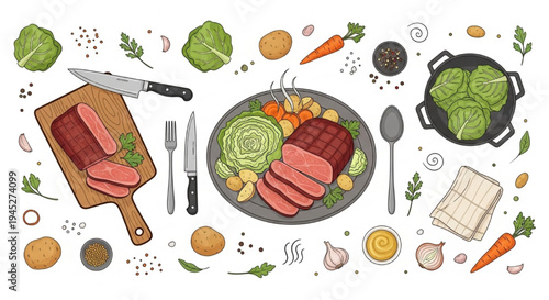 Corned Beef and Cabbage Traditional Comfort Meal Cooking Vector Illustration