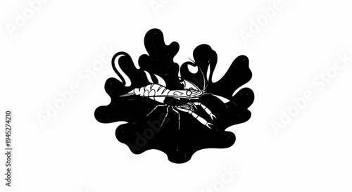 Stylized crustacean silhouette against dark, fluid background