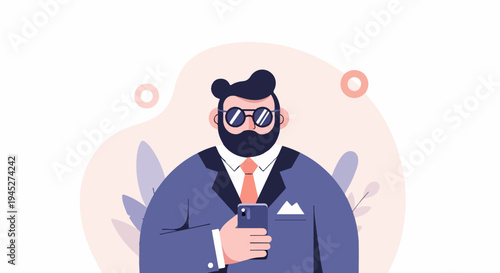 Stylized man in suit and sunglasses, holding a smartphone