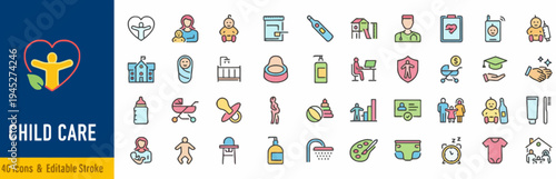 A comprehensive collection of child care icons representing various aspects of parenting and baby essentials, suitable for a wide range of design projects