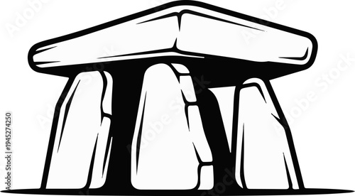 Stylized illustration of a megalithic stone structure, possibly a dolmen
