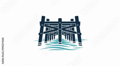 Stylized dark blue pier supports extend over rippling turquoise water